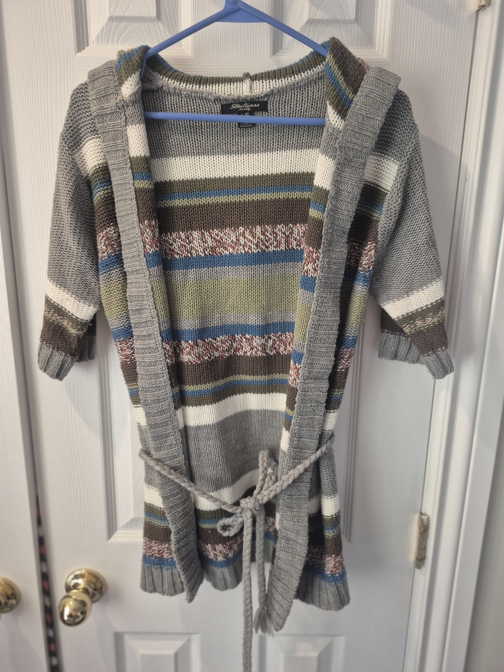 Streetwear Society Hooded Striped Belted Cardigan Sweater L 22” PTP Boho - Picture 2 of 7